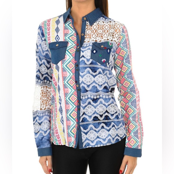 NWT - Desigual Women’s Patchwork Embroidered Long Sleeve Shirt - Size L - Picture 2 of 15